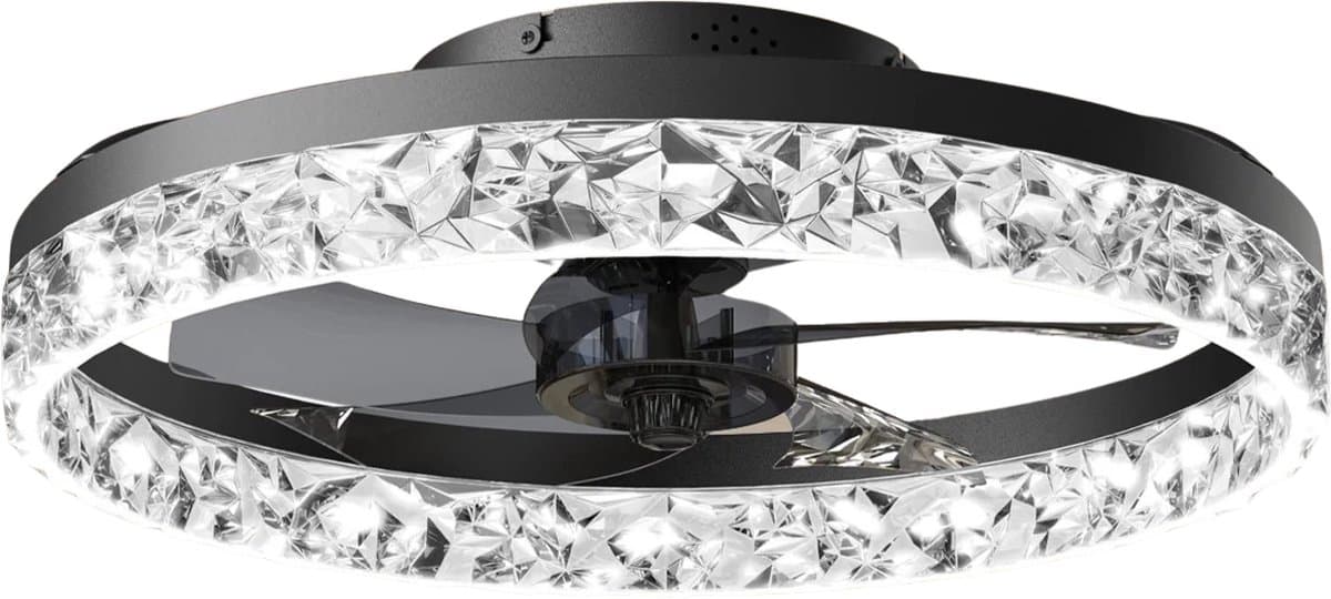 MiShar Luxe Plafond Ventilator Lamp - 51 CM - Smart Lamp - Diamand rand - Sierrand - 6 Standen - Dimbaar - Kroonluchter Ventilator - Chandelier Fan - Woonkamer Lamp - Ventilator Lampen - Slaapkamer lamp - Eetkamerlamp - Zwart — afbeelding 1
