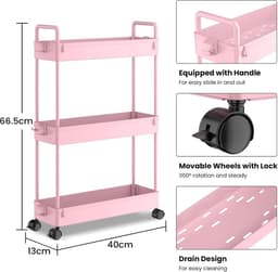 3-Tier Slide-out Slim Rolling Utility Cart Organizer voor Keuken en Badkamer - Roze Wasmachine rek — thumbnail 4