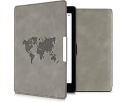 kwmobile e-reader hoesje geschikt voor Kobo Aura ONE hoes - Ereader flip case met standaard - Kunstleren e reader cover - Wereldkaart design in grijs