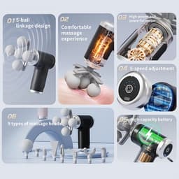 Massagepistool met 5 koppen - Spiermassager - 9 vervangende massagekoppen - Lichaamsmassager - Rugmassager - Compact en draagbaar - Impactmassager voor op reis — thumbnail 4