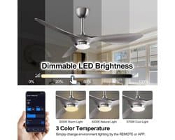 Smart Plafondventilator - Ventilator met Lamp - Comfort Verhogend - App en Spraakbesturing - 132 cm Diameter - Zilverkleurig