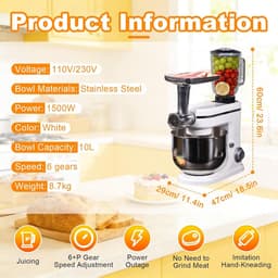 Keukenrobot - Keukenmachine mixer - Bakken en koken - 3-in-1 multifunctioneel - 10L kom - Wit — thumbnail 3