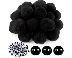 50 Stuks Fluffy Pompoms 50mm in Zwart met 100 Woe Eyes voor Creatieve DIY Decoraties en Knutselprojecten