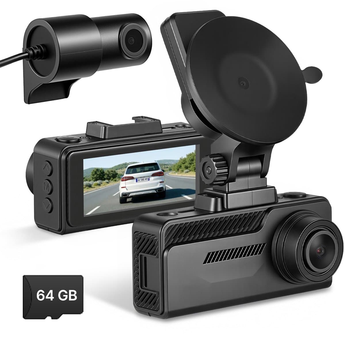 Dashcam voor auto - Dubbele voor- & achtercamera - Ultra HD 4K voor + 1080p achter - GPS - G-sensor - Parkeermodus - Loopopname - Geheugenkaart 64 GB - Zwart — afbeelding 1