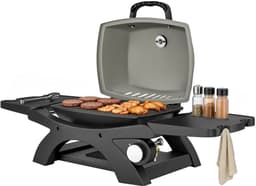 Draagbare Gasbarbecue - Inklapbaar Gasbarbecue en grill - 1 Branders - 3,3 kW - Grillwagen - Barbecuewagen - met Grillrooster, Bijzettafels, Vetopvangbak, Thermometer & Deksel - 102 x 48 x 38 cm - Zwart + Grijs — thumbnail 3