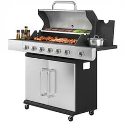 Gasbarbecue - Gasbarbecue en grill - 6+1 Branders - 18,6 kW - Grillwagen - Barbecuewagen - met Grillrooster, Wielen, Bijzettafels, Slangen, Thermometer en Warmhoudplaten - 142 x 49 x 111 cm - Zwart + Zilver — thumbnail 1