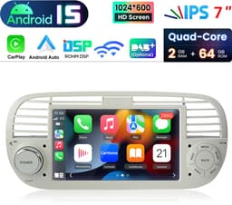 HexinexMarket Quad-Core autoradio Geschikt voor Fiat 500 (2007-2015) - Draadloos CarPlay, Android Auto, GPS Navi, multimediaspeler, 2GB+64GB, Wit — thumbnail 1