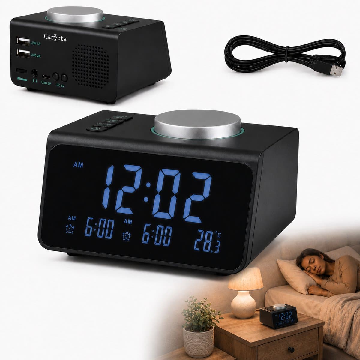 Caryota Wekkerradio - Digitale Radiowekker - Dimmer - Dubbel Alarm - Duo Oplader - FM - LED-display - Temperatuur- en Luchtvochtigsheidmeter - Zwart — afbeelding 1