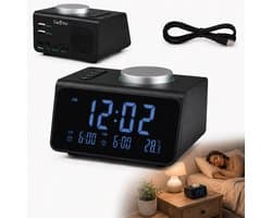 Caryota Wekkerradio - Digitale Radiowekker - Dimmer - Dubbel Alarm - Duo Oplader - FM - LED-display - Temperatuur- en Luchtvochtigsheidmeter - Zwart