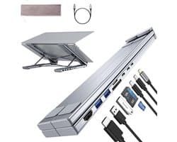 SNJY® Docking Station Laptop - USB-C Hub - Docking Station USB-C - Met Laptopstandaard - 8-in-1 - 100W - Zilvergrijs