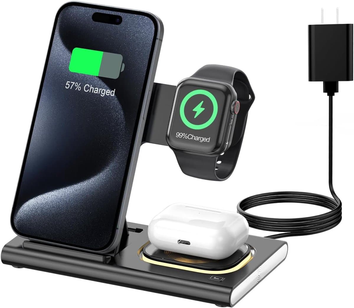 3-in-1 oplaadstation geschikt voor iPhone 17 – Draadloze oplader geschikt voor Apple-apparaten (iPhone 17, 16, 15, 14, 13, 12, 11 Pro Max) – Opvouwbare draadloze oplaadstandaard geschikt voorApple Watch-series en AirPods — afbeelding 1