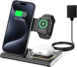 3-in-1 oplaadstation geschikt voor iPhone 17 – Draadloze oplader geschikt voor Apple-apparaten (iPhone 17, 16, 15, 14, 13, 12, 11 Pro Max) – Opvouwbare draadloze oplaadstandaard geschikt voorApple Watch-series en AirPods — thumbnail 1