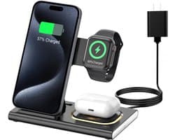 3-in-1 oplaadstation geschikt voor iPhone 17 – Draadloze oplader geschikt voor Apple-apparaten (iPhone 17, 16, 15, 14, 13, 12, 11 Pro Max) – Opvouwbare draadloze oplaadstandaard geschikt voorApple Watch-series en AirPods