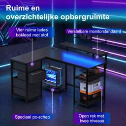 Devoko L-Vormig Gaming Bureau 135 x 50/40 x 73.5/88.5 cm – Met RGB LED-Lichtstrook – 12 mm E1 Spaanplaat – Koolstofvezel Zwart – Inclusief EU Stekkerdoos met 2 USB – Zwart — thumbnail 1