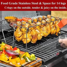 Roestvrijstalen kippenpootrek – bbq accesoires - Opvouwbaar braadrek met 14 sleuven – BBQ-grillstandaard met lekbak – Vleesbraadhouder – BBQ-accessoire voor buiten — thumbnail 2