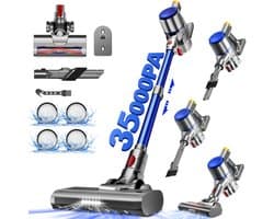 Authmic Steelstofzuiger Draadloos - 35.000Pa Zuigkracht - 6-in-1 Multifunctioneel Ontwerp - 6*2200mAh - 50 Min - GreenEye Technologie - Wandbeugel - Geschikt voor Huisdierharen, Tapijt en Harde Vloeren - Blauw