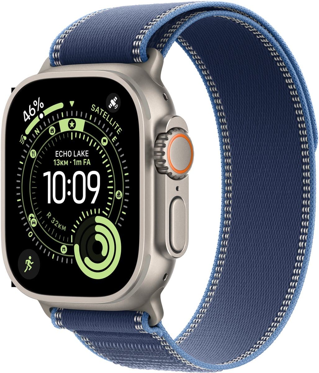 Apple Watch Ultra 3 Cellular 49mm Natural Titanium Case with Blue/Bright Blue Trail Loop - S/M — afbeelding 1