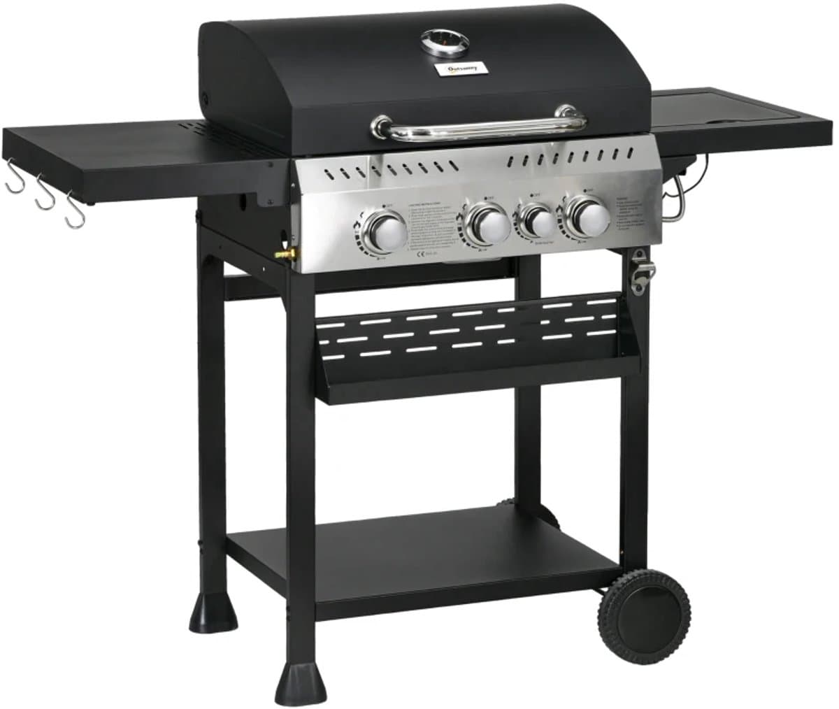 Gasbarbecue - Gasbarbecue en Gasgrill - 4 Branders & 1 Zijbrander - Grillwagen - met Grillrooster, Wielen, Bijzettafels, Drukregelaar, Slangen, Thermometer en Warmhoudplaten - 123 x 52 x 101 cm - Zwart — afbeelding 1