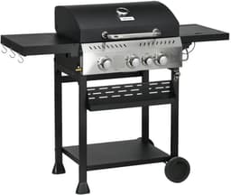 Gasbarbecue - Gasbarbecue en Gasgrill - 4 Branders & 1 Zijbrander - Grillwagen - met Grillrooster, Wielen, Bijzettafels, Drukregelaar, Slangen, Thermometer en Warmhoudplaten - 123 x 52 x 101 cm - Zwart — thumbnail 1
