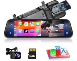 Achteruitkijkspiegel-dashcam - met draadloze Apple CarPlay- en Android Auto-functionaliteit - 9,66 inch - 4K-resolutie - IPS-touchscreen - dual-screen dashcam - Bluetooth + AHD-achteruitrijcamera - wifi - inclusief 64 GB SD-kaart