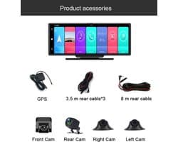 Dashcam voor Auto - 10.26" 4G Android 9 Dashcam - 360° Panoramisch Beeld - GPS Navigatie - 4G Camera - ADAS Rijhulp - WiFi - Parkeermodus - G-Sensor - Loop Recording - Zwart