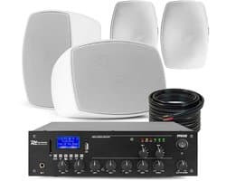 Power Dynamics set van 4 buiten speakers en 2-zone 100V versterker met Bluetooth - Wit