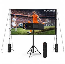 Beamer met WiFi & Bluetooth, 100 Inch Projectiescherm & Standaard van MMOBIEL – Native 1080P, 900 ANSI, 4K Ondersteuning, Automatische Keystone Correctie, 50-300 Inch – Voor HDMI, USB, iOS & Android — thumbnail 1