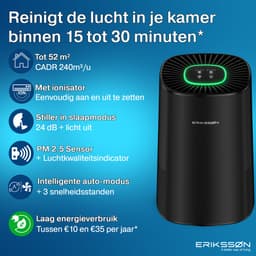 Erikssøn Luchtreiniger Elite - Zwart - 240 m3/u - Vermindert Stof En Pollen - Hepa 14 Filter - Instelbare Ionisator - Air Purifier - Extra stil in slaapmode - Clean Air — thumbnail 2
