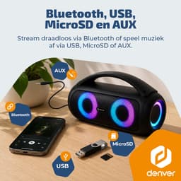 Denver Bluetooth Speaker Draadloos - Lichteffecten - Muziek box - AUX - TWS Pairing - BTG618 — thumbnail 5