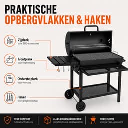 Houtskool BBQ - Smoker Barbecue XL - BBQ met Wielen - 70x37cm Grilloppervlak - Zijpanelen - Zwart — thumbnail 3