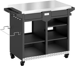 Buitenkeuken op Wielen – BBQ Trolley – Met Opbergkast & Planken – Werktafel voor Buiten – Hout & Metaal – Multifunctioneel – Zwart — thumbnail 1