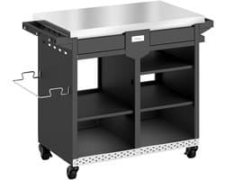 Buitenkeuken op Wielen – BBQ Trolley – Met Opbergkast & Planken – Werktafel voor Buiten – Hout & Metaal – Multifunctioneel – Zwart