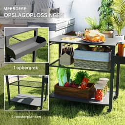 Buitenkeuken op Wielen – BBQ Trolley – Met Opbergkast & Planken – Werktafel voor Buiten – Hout & Metaal – Multifunctioneel – Zwart — thumbnail 5