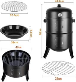 Damenzo - Bbq - Bbq houtskool - 3 in 1 - Grill - Grill apparaat - Rookoven - Buiten koken - Met deksel en thermometer - Ø45cm - Zwart — thumbnail 5