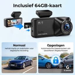 Fokelyi - 4K Dashcam Voor En Achter Auto - Met GPS WiFi En 64GB SD Kaart - Nachtzicht Parkeerbewaking G-Sensor - Ultra HD Dual Camera — thumbnail 4