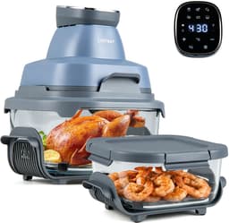 COSTWAY Draagbare Air Fryer heteluchtfriteuse 4 l/1,7 l, 6-in-1 Airfryer 1500 W heteluchtfriteuse en bakken, heteluchtfriteuse met 2 uitneembare glazen containers en deksel, voor camping, thuis (blauw) — thumbnail 1
