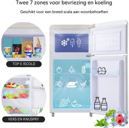 Retro Koelkast - Mini Koelvriescombinatie - Dubbeldeurs Koelkast - Vrijstaand – 72L – Klasse E – Stil 39dB - LED - Slaapkamer - 91cm - Vriesvak - Wit — thumbnail 4