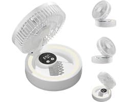 Ulisem - Staande ventilator - 5 snelheden - 1800mAh oplaadbaar - Met make-upspiegel en verlichting - Ingebouwde timer - Opvouwbaar en draagbaar - Voor slaapkamer en kantoor - Wit — afbeelding 1