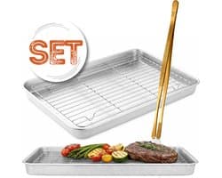 Braadslede met Afkoelrooster 304 RVS 26,4 x 20,5 x 3 cm + Gouden Keukenpincet 25 cm – Oven, BBQ & Airfryer Set