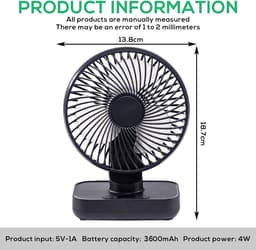 QTTVBTNA – Ventilator - Mini Tafelventilator met Oscillatie – USB Oplaadbare Ventilator - Klein & Geruisloos – 3600mAh – Draadloze Bureauventilator – Voor Bureau, Slaapkamer, Kantoor, Thuis, Camping en Picknick – Donkerblauw — thumbnail 2