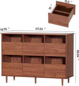 BROTTAR 47,2" platenspelermeubel bruin, vinylplatenkast voor 7"/10"/12" LP's, 6 opbergvakken, retro platenspelerkast voor woonkamer, muziekhoek en vinylverzameling — thumbnail 3