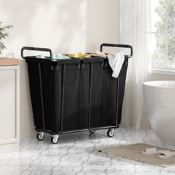 Wasmand Met Vakken - Sorteren Wasgoed - Kleding Sorteren - Met Wielen - 3 Vakken - Zwart — thumbnail 3