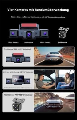 Dashcam Auto 360 graden - 4 camera's-1080p Full-HD, Inclusief 64GB geheugenkaart, wifi, nachtzicht, G-sensor, bewegingsdetector, 3 inch IPS-display, waterdicht, loop-opname,trigger bij ongevallen-WDR — thumbnail 5