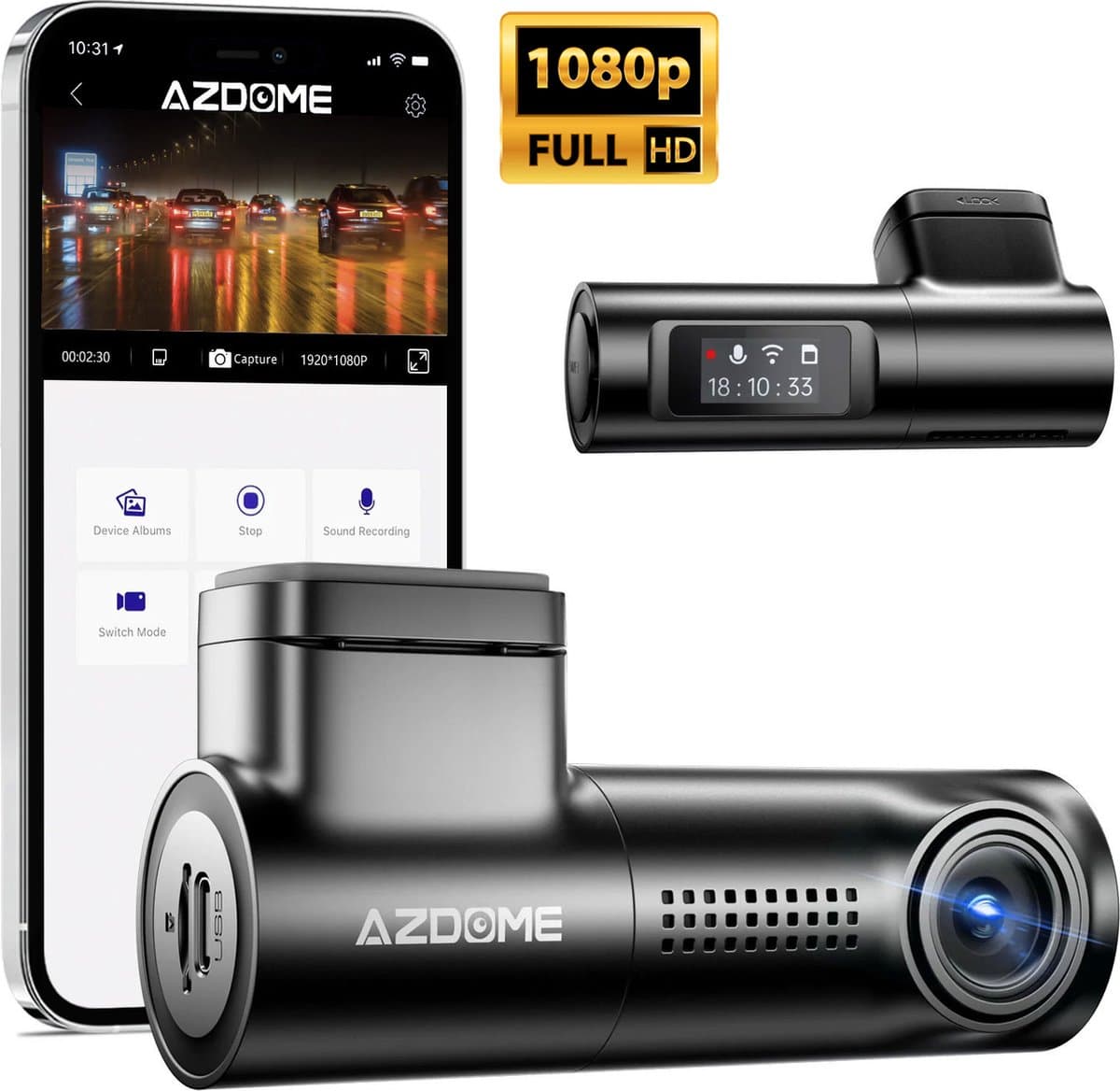 AZDome M330 dashcam voor auto - 170 graden kijkhoek - Nachtzicht - FullHD video - Wifi - Super compact - Parkeermodus - 1.0 inch TNT scherm - dashcam voor auto — afbeelding 1