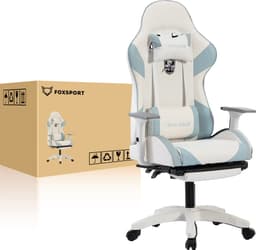 FOXSPORT Gamestoel - Gaming Chair - Ergonomisch - Verstelbaar - Met lendensteun en hoofdsteun - Met voetsteun - Bureaustoel - Racing -Wit / Blauw — thumbnail 5
