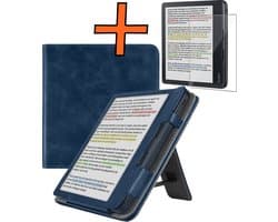 Hoesje Geschikt voor Kobo Libra Colour Lederen Hoes Book Case Met Screenprotector - Hoes Geschikt voor Kobo Libra Colour Hoesje Book Cover Leer - Donkerblauw