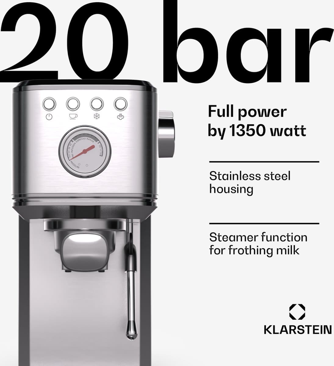 Klarstein Steelpresso Touch Slim Portafilterapparaat - 20 Bar - 1350 W - 1.2 Liter waterreservoir - Stoompijpje - Roestvrij Staal - Compact - Zilver — afbeelding 1