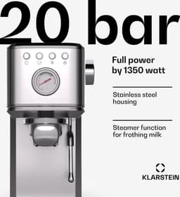 Klarstein Steelpresso Touch Slim Portafilterapparaat - 20 Bar - 1350 W - 1.2 Liter waterreservoir - Stoompijpje - Roestvrij Staal - Compact - Zilver — thumbnail 1