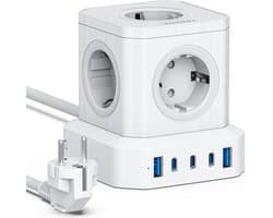 Voomy Cube 65W Stekkerdoos - 3 USB-C & 2 USB-A Poorten - 5 Stopcontacten - Aan / Uit schakelaar - Snellader voor Laptop, Telefoon & Tablet - Powercube - Oplader, Adapter, Verlengsnoer - Wit