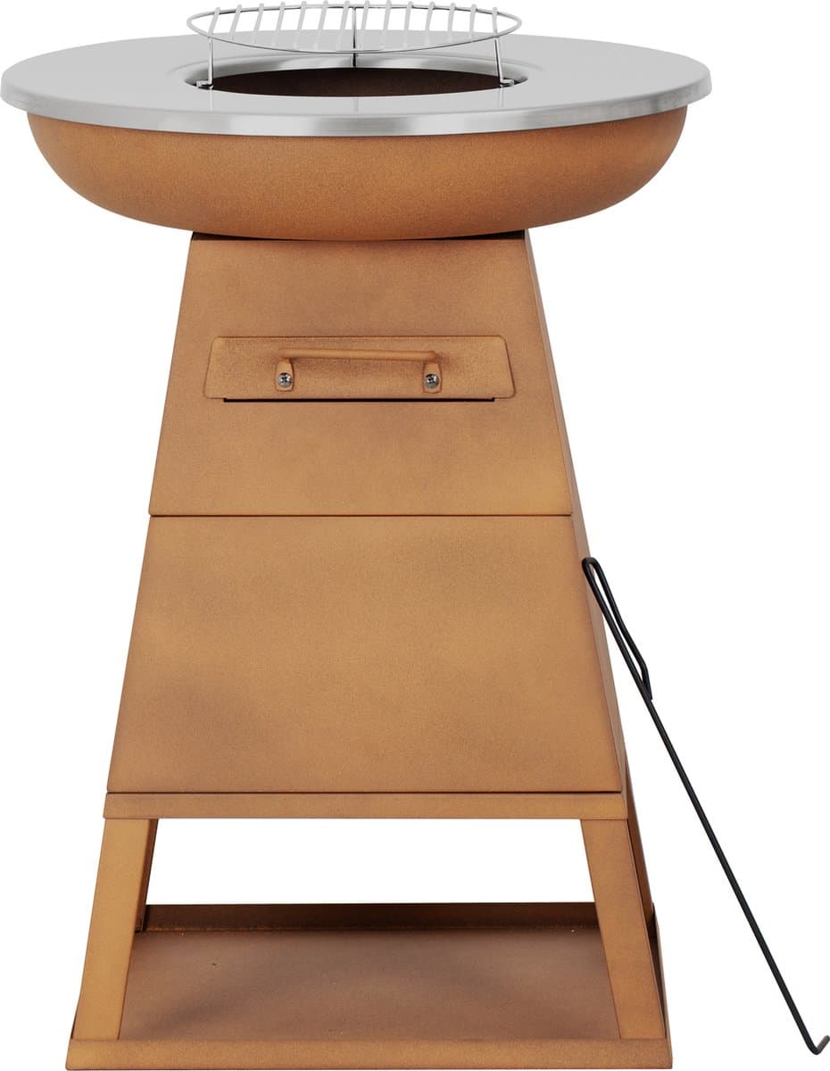 Bali OUTDOORS 3-in-1 Grillring BBQ en Plancha Grill en Vuurkorf– Staand Vuurschaal BBQ met Brandhout Opslagplaats - RVS ronde Teppanyaki Bakplaat - Houtskoolbarbecue – Buitenkeuken – Metaal – Roestbruin – Ø 58.5x H83cm — afbeelding 1